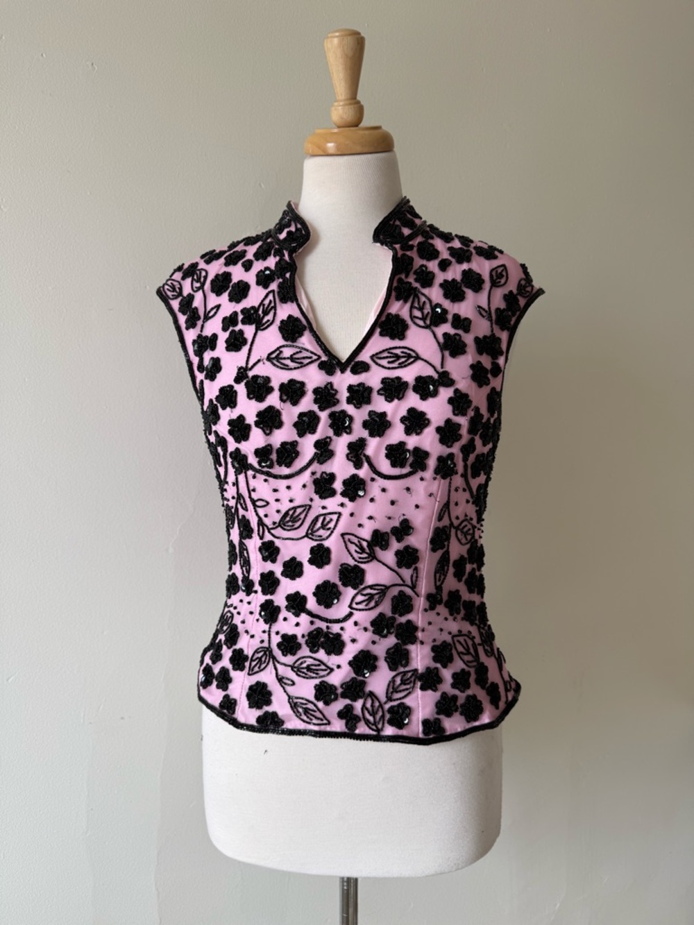 Vintage Silk Beaded Top Pink Black Embroidered Formal Evening Blouse